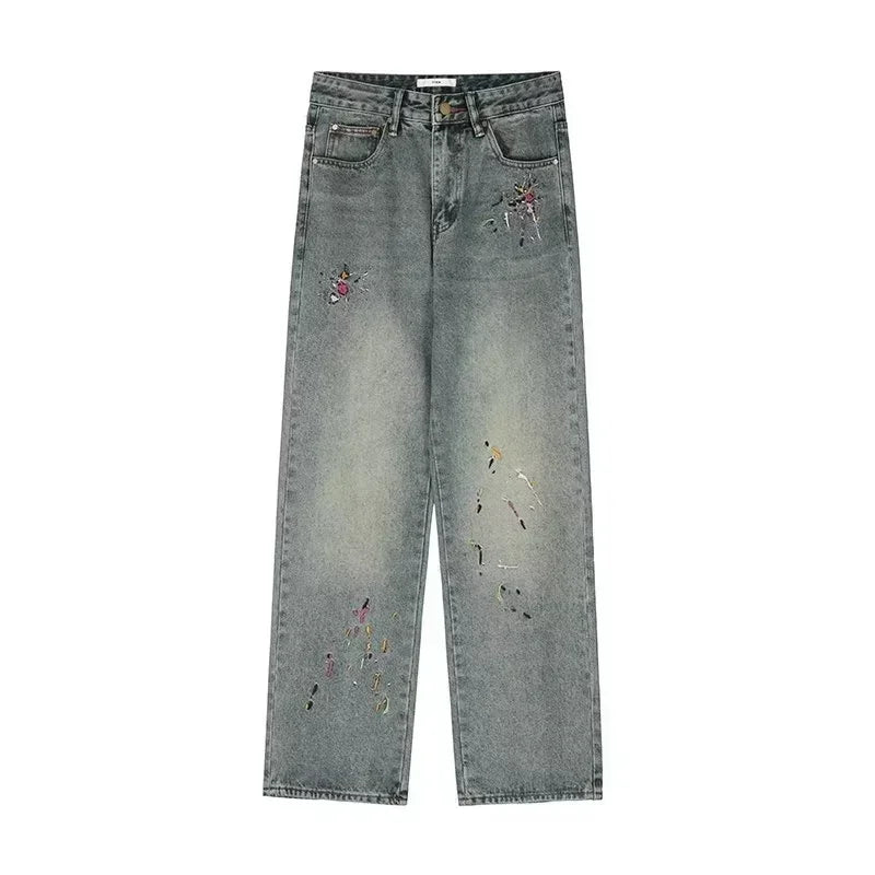 2024 New Men's Graffiti Embroidered Baggy Jeans Retro Straight-leg Denim Trousers High Street Distressed Y2K Jean pantalones