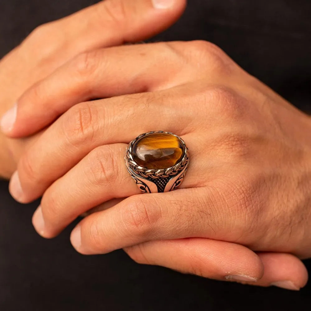 Brown tiger eye stone men and women retro new trend ring Turkish handmade spiral carving ring party niche jewelry
