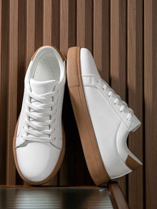 Men's Normcore Style Front Strap Sports Outdoor Skateboard Shoes, Fashionable Contrasting White Sneakers, White Shoes, Versatile Outdoor Shoes for Students