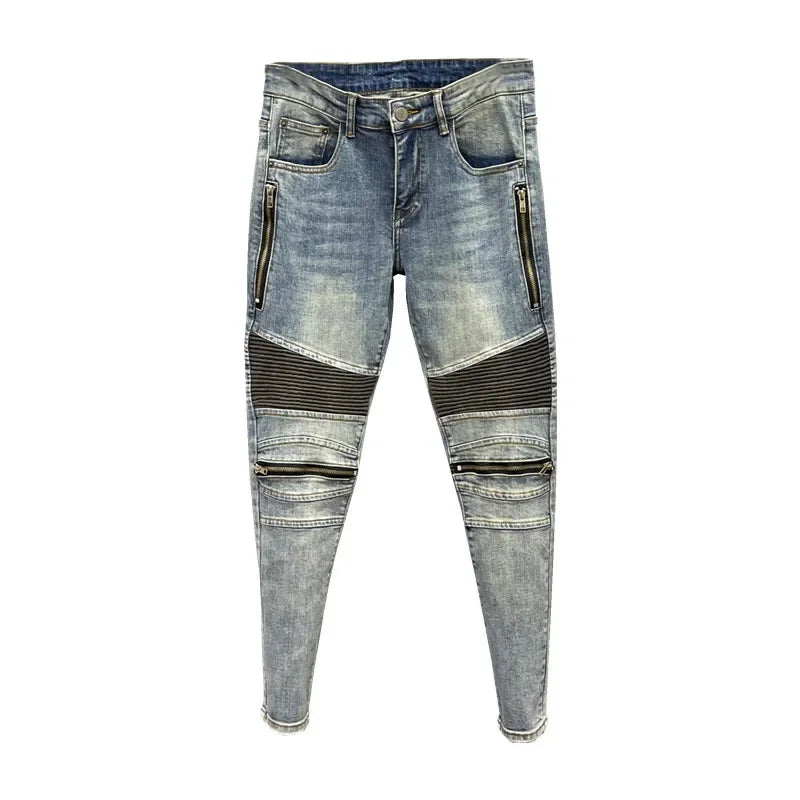 Zippered Slim Fit Men's Jeans Straight Leg Blue Vintage Distressed Casual Trendy Spring Autumn Lightweight Pants
