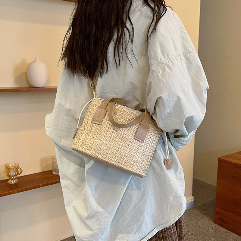 Women's Leisure Grass Woven Handbag Drawstring Bucket Shoulder Crossbody Bag FemaleTravel Bohemian Vacation Beach Bag