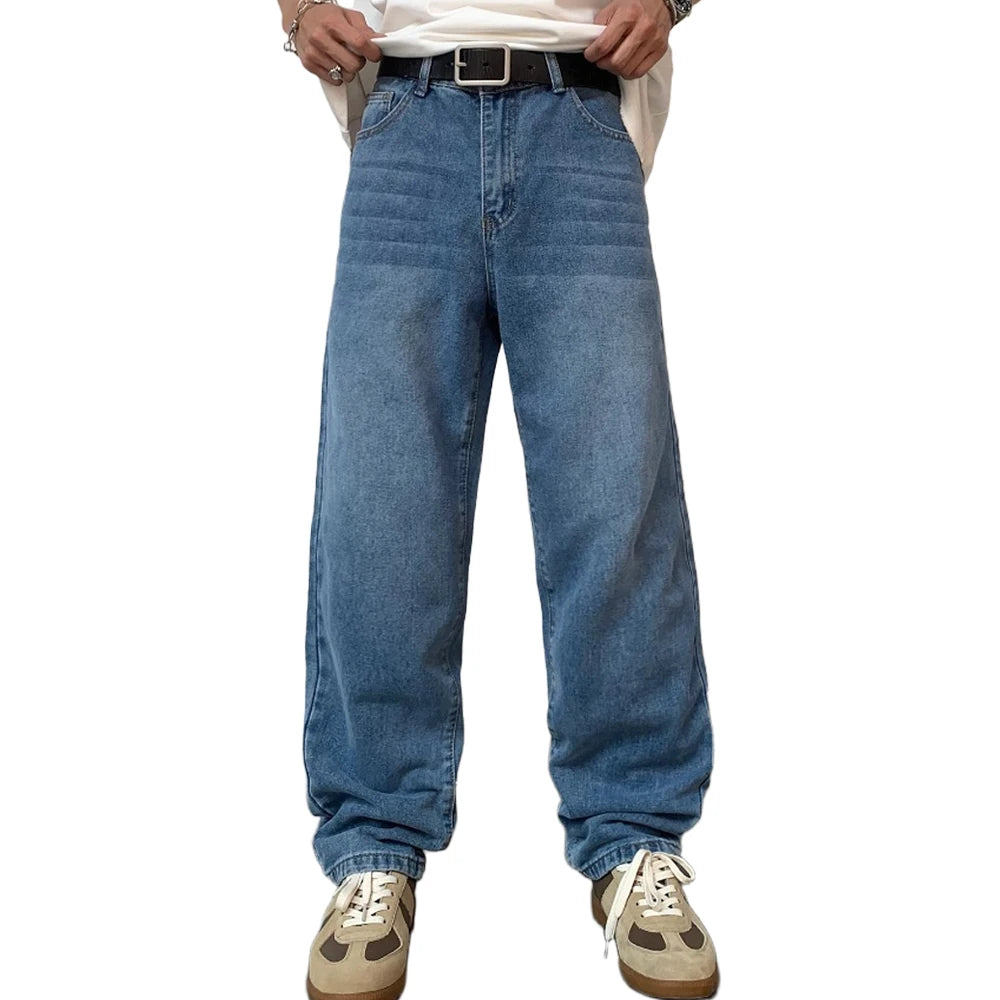 Men's Retro Blue Straight Fit Loose Jeans Classic High Street Straight Leg Versatile Washed Jeans Men Casual New Fashion Pants
