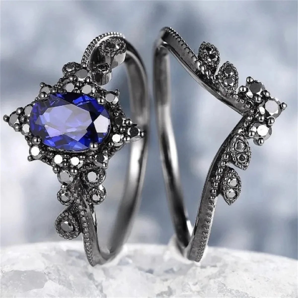 2Pcs/Set Fashion Black Gold Color Blue Rhinestone Zircon Rings For Women Full Crystal Rings Wedding Engagement Jewelry Gifts
