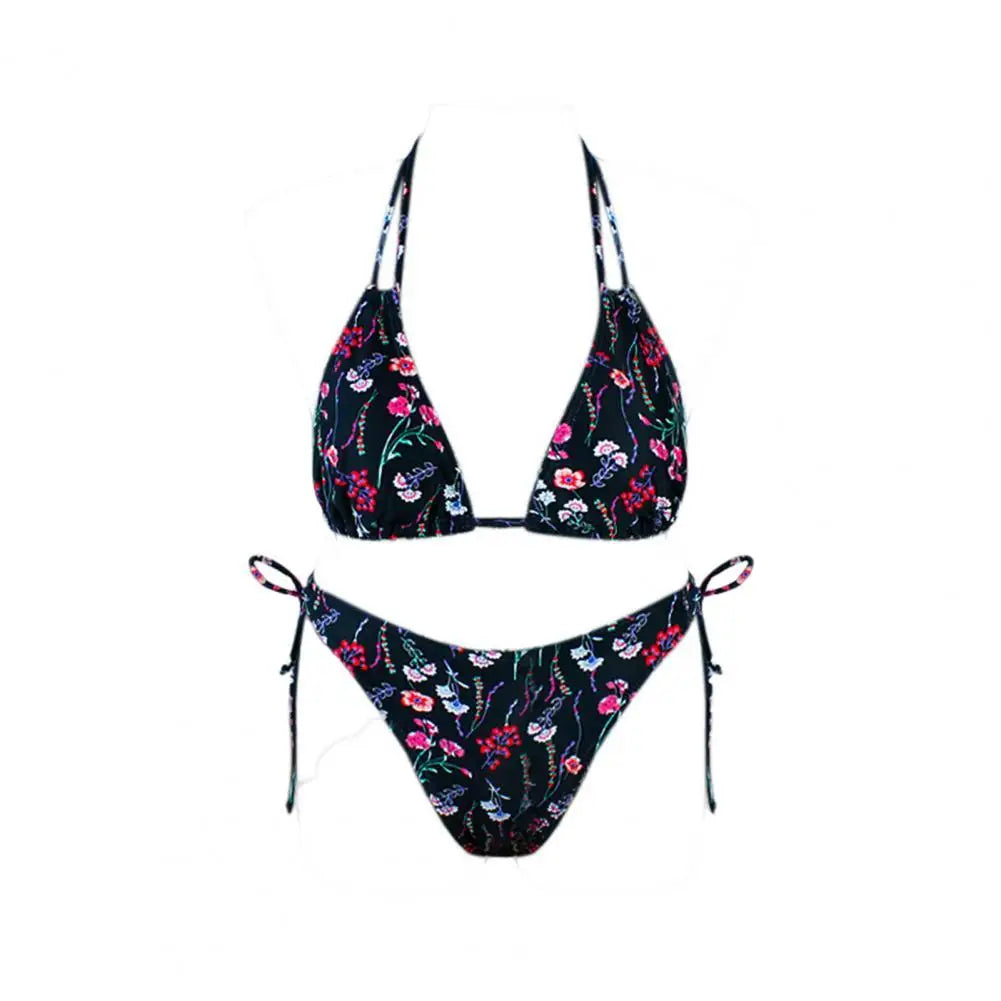 1 Set Women Swimsuit Padded Three-point Stretchy Beautiful Floral Print Bikini Set for Swimming Pool