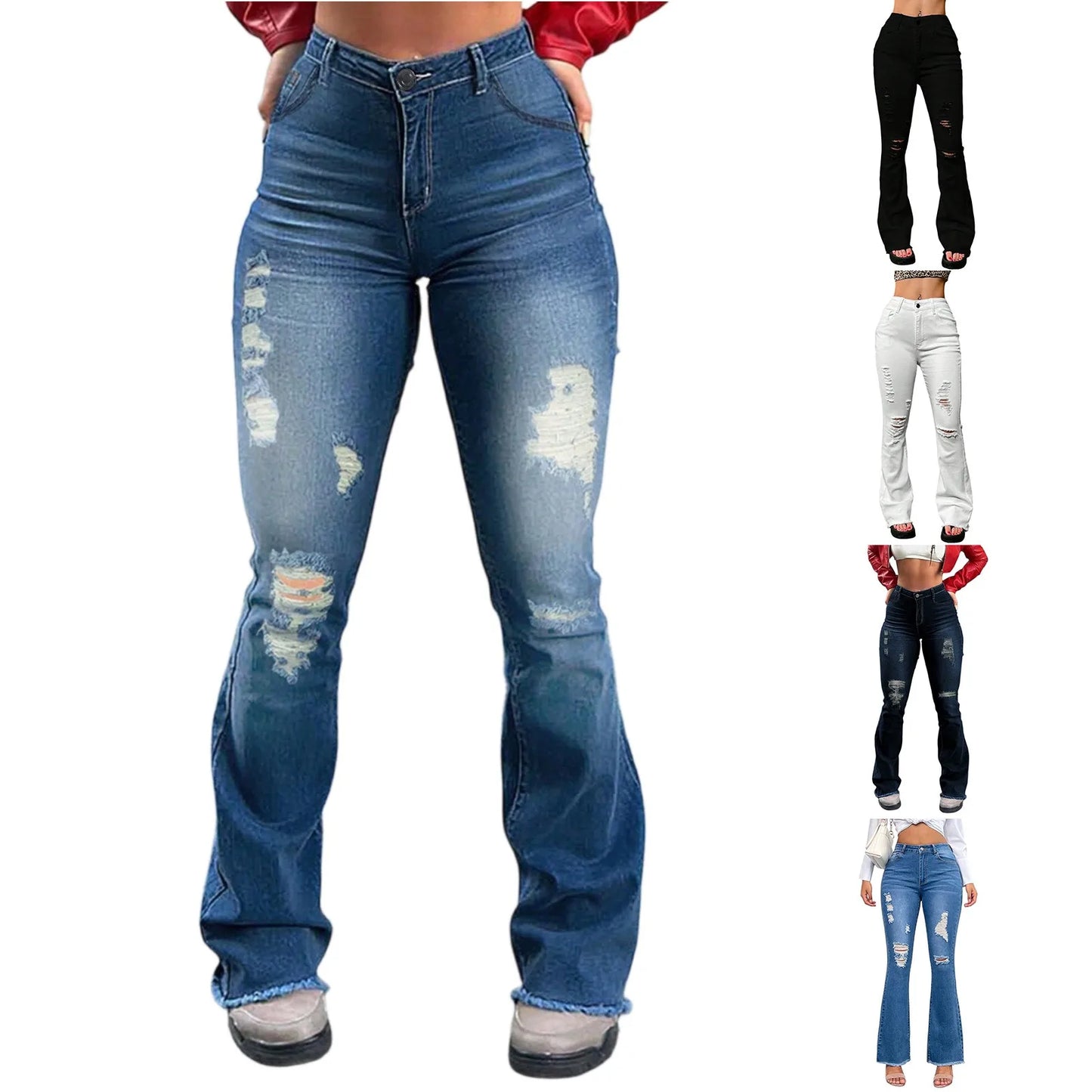 2025 New Spring Women's Ripped Jeans Cotton Slim High Waist Solid Color Sexy Denim Pants Fashion Street Flared Pants