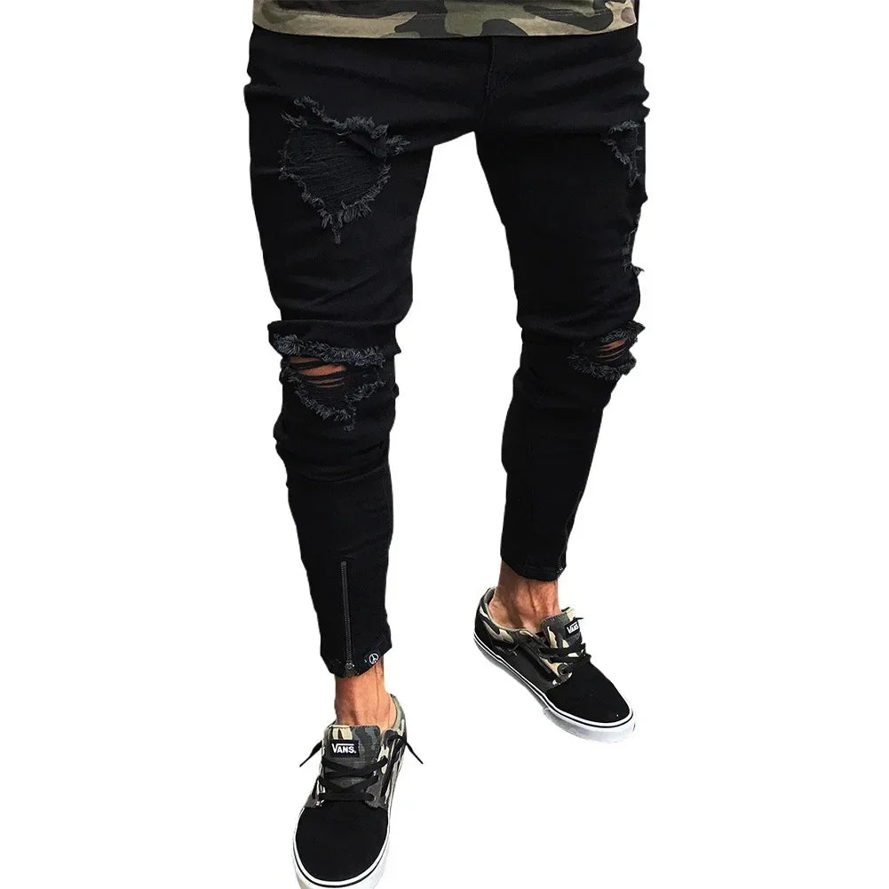 Punk Street Style Ripped Skinny Jeans Men Vintage Wash Solid Denim Trouser Mens Casual Slim Fit Pencil Denim Holes Pants 2025