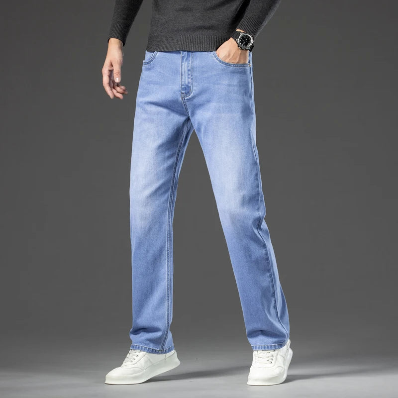 Autumn Men's Dark Blue Straight-leg Brand Jeans Classic Style Business Casual Cotton Stretch Denim Pants Male Plus Size 40 42 44