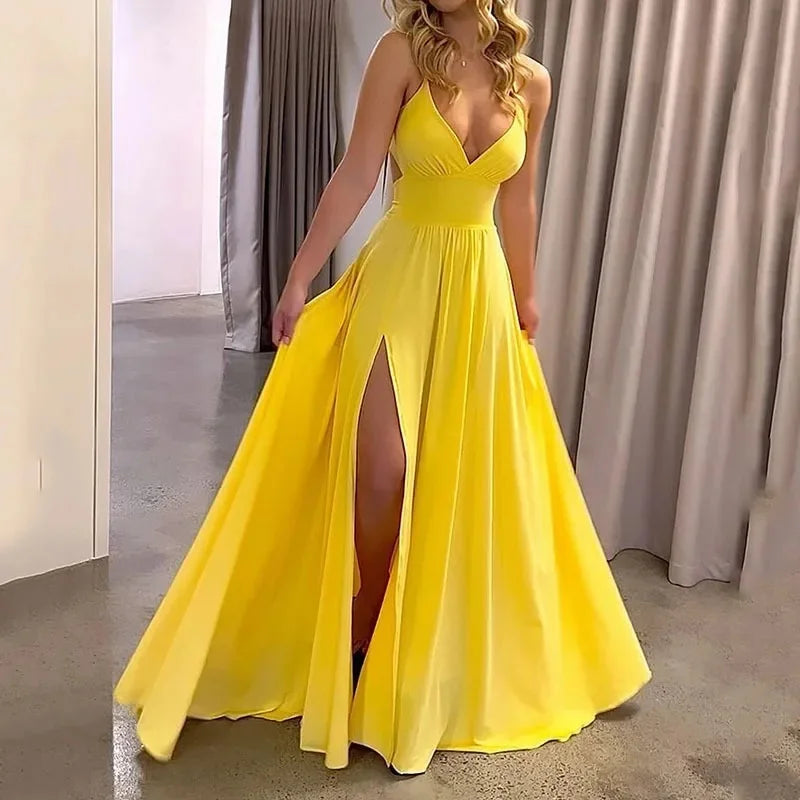 Fashionable Long V-Neck Backless Strap Dress Summer 2023 Cross-Border Women's Clothing Sleeveless Split Design Elegant Gown
