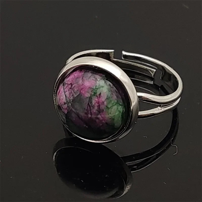 12mm Round Healing Natural Stone Ring Tiger Eye Opal Pink Crystal Adjustable Joint Ring for Women Jewelry