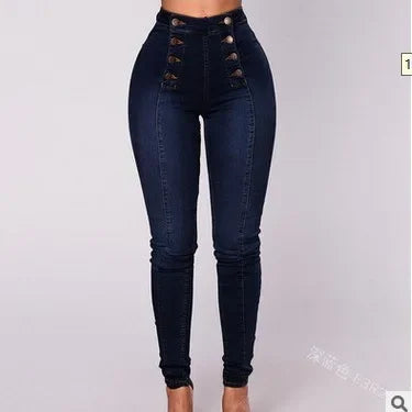 High Waist Casual Denim Pants Women's Elastic Multi-Buckle Trendy Double-Row Jeans Long Trousers Comfortable Stretchy Ladies