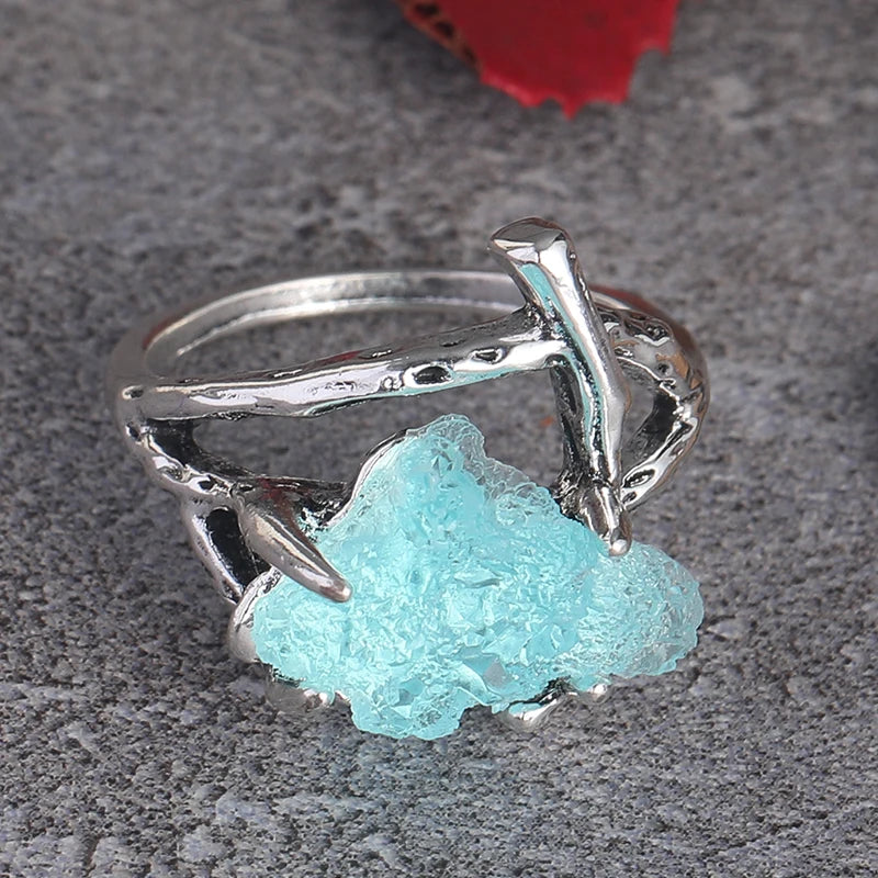Retro Handmade Silver Plated Crystal Geometry Rings for Female Blue Stone Ring Bohemian Charm Women Wedding Engagement Jewelry