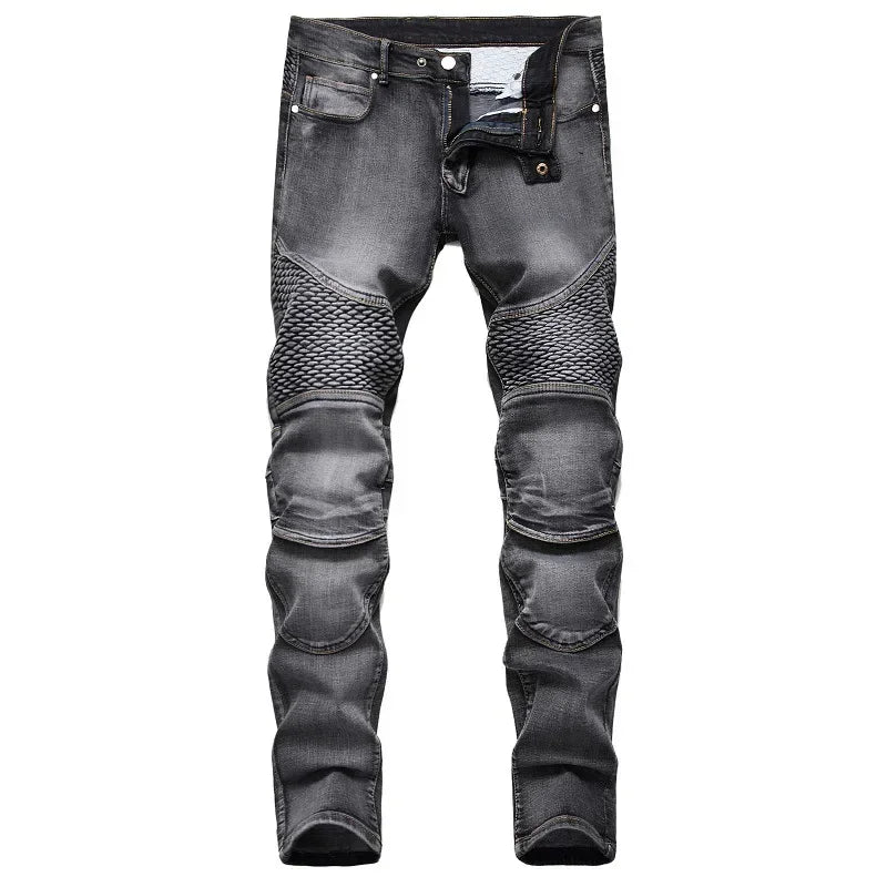 New Men's Casual Motorcycle Jeans Stretch Straight Fashion Male Hip Hop Street Riding Slim Pants Patchwork Denim Trousers