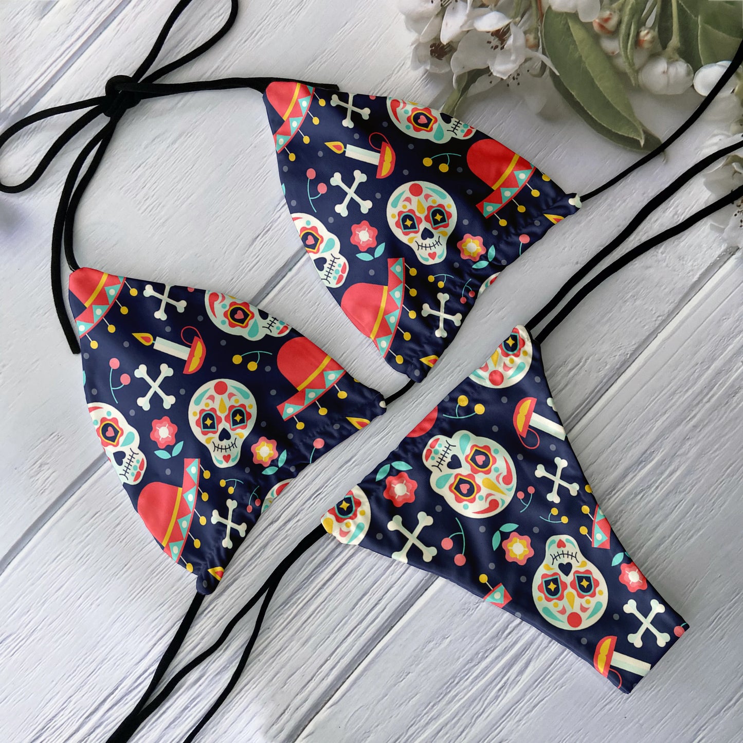 Fashion Bikini Set Women Backless Low Waist Sexy Skull Pattern Printed Swimsuit Beach Surfing Vacation Halloween Cosplay