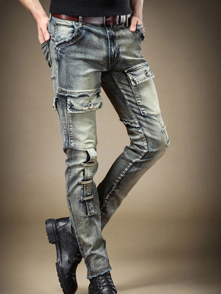 2024 Men's Jeans Stretch Vintage Washing Drak Blue Denim Pants Autumn Summer Luxury Street Hip-Hop Style Slim Fit Men Trousers