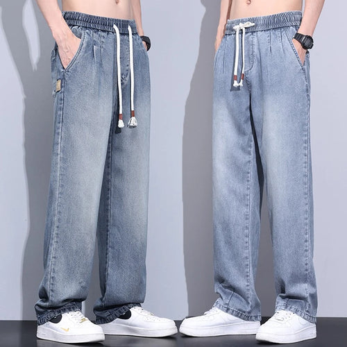 Elastic Waist Fashion Loose Jeans Men Spring Summer Thin Lyocell Classic Straight Denim Pants Casual Stretch Jogging Trousers
