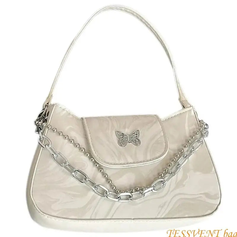 Fashionable Handbag Retro PU Leather Shoulder Bag with Butterfly Designs for Women Korean Solid Color Underarm Purse F42A