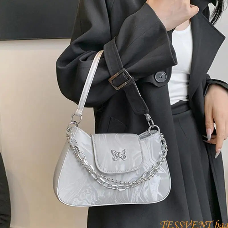 Fashionable Handbag Retro PU Leather Shoulder Bag with Butterfly Designs for Women Korean Solid Color Underarm Purse F42A