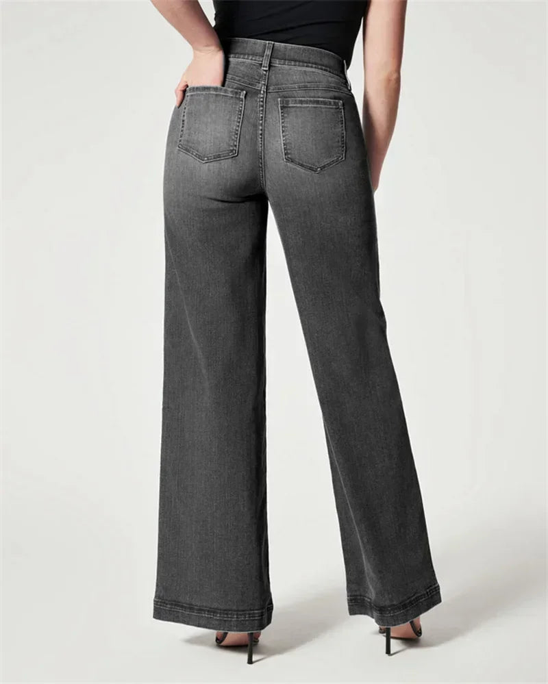 Stretch Elasticated Waist Wide Leg Jeans Women Fashion Chic Flared Trousers Loose Female Comfortable Commuter Casual Denim Pants