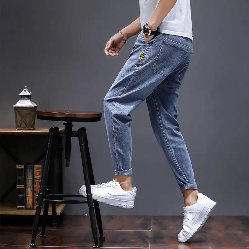 Elastic Lace Up Denim Jeans Men's Trend Versatile Pants 2022 Students Teenagers Men's Japanese Harem Leg 2022 Men's Cargo Pants