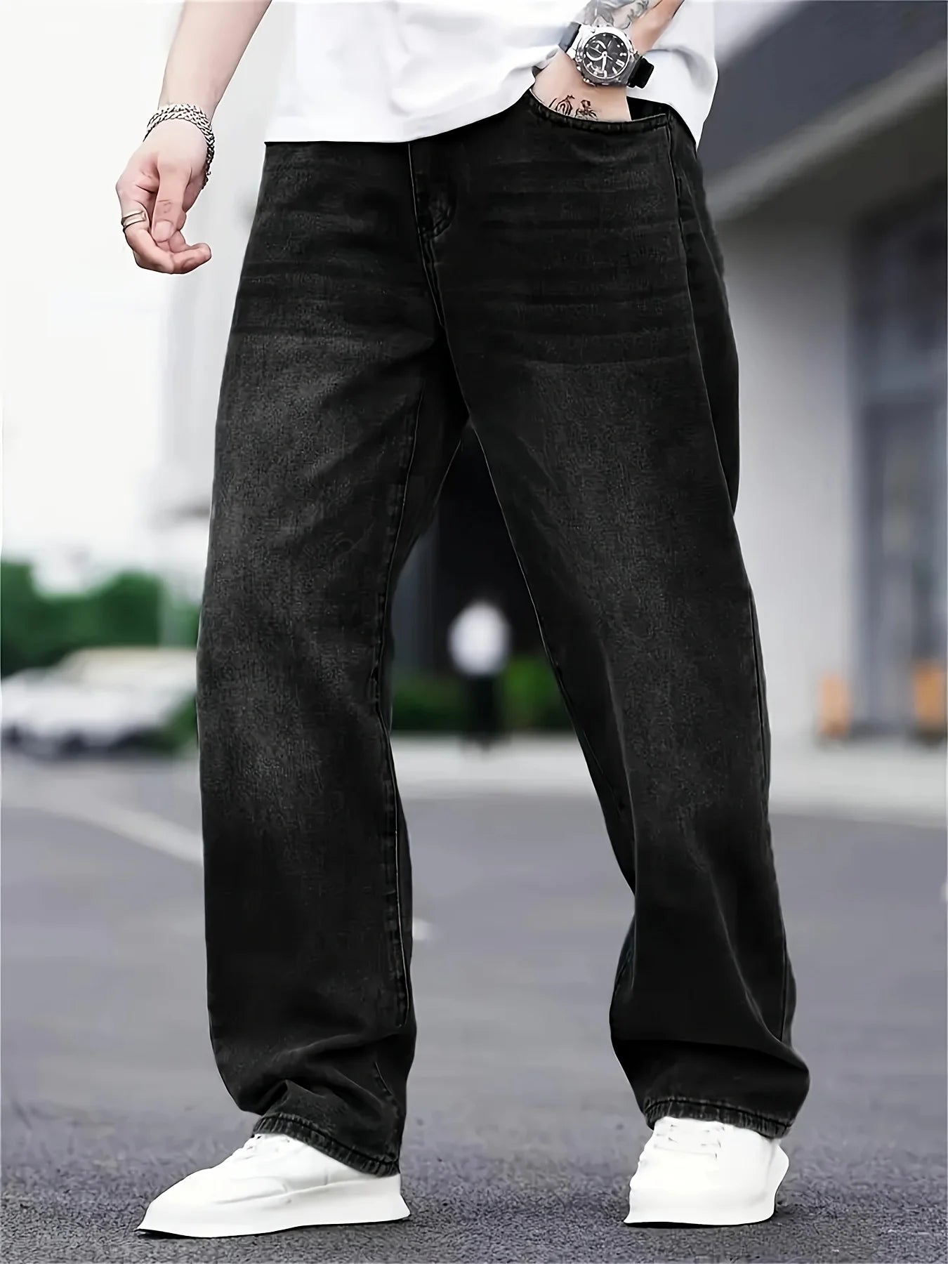 Men's fashion hip hop style loose straight jeans solid color American high street straight pants