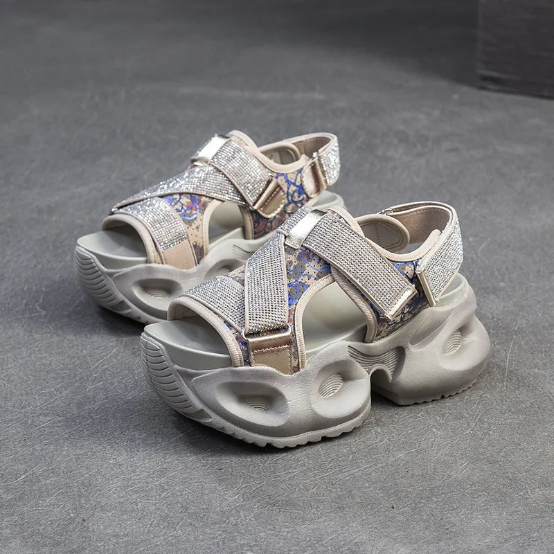 GKTINOO Microfiber Leather Summer Bling Mixed Color Fsahion Peep Toe Hollow Platform Wedges Chunky Sneakers Women Comfy Shoes