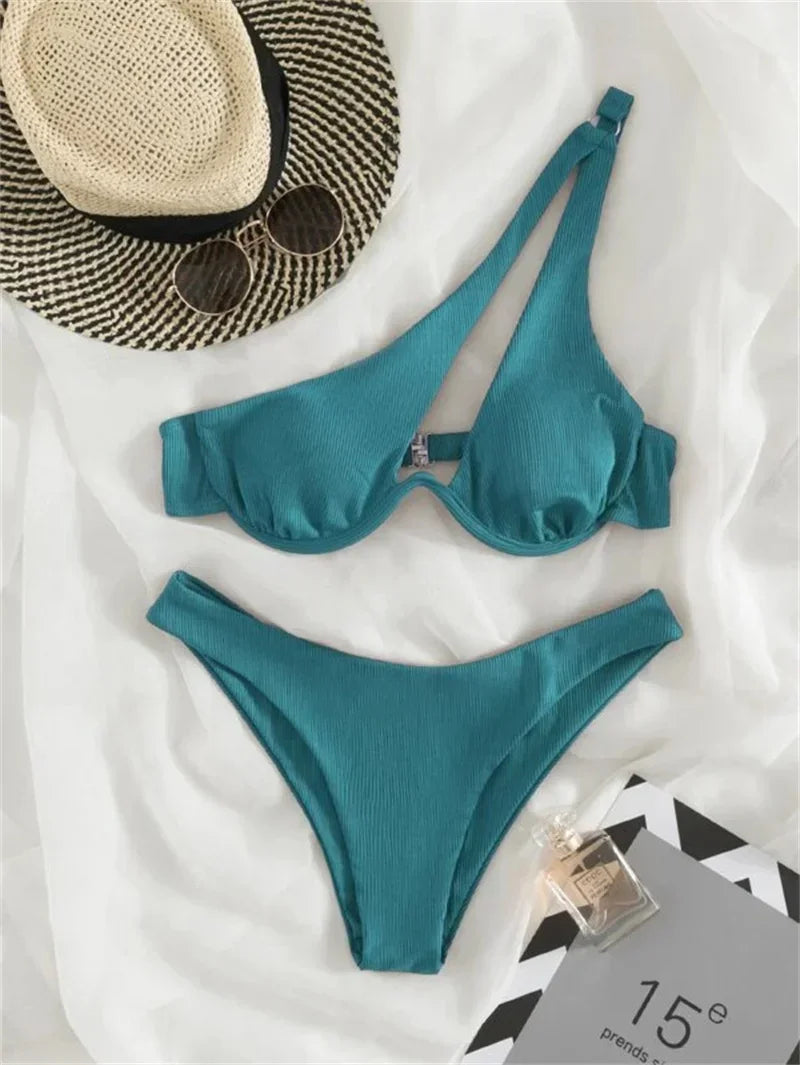 Sexy One Shoulder Bikini Set 2025 Women Red Black Push Up Underwire Micro Swimsuit Brazilian Cut Out Bathing Suit Thong Swimwear