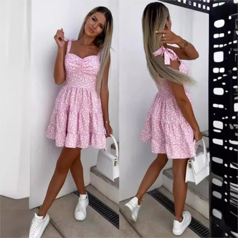 Summer Fashion Flower Print Waist Pleated Dress For Women Y2k Casual Vacation Beach Sundress Spaghetti Strap Mini Dress Female