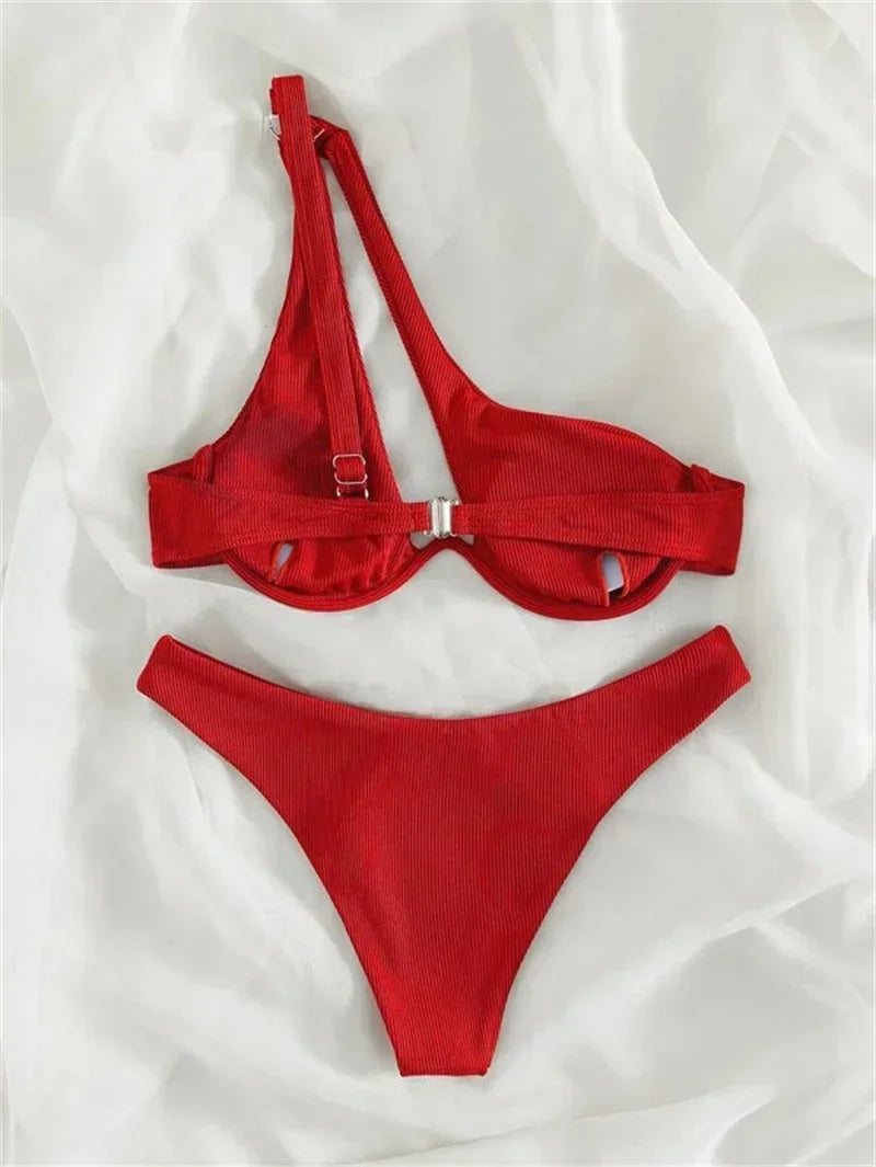 Sexy One Shoulder Bikini Set 2025 Women Red Black Push Up Underwire Micro Swimsuit Brazilian Cut Out Bathing Suit Thong Swimwear
