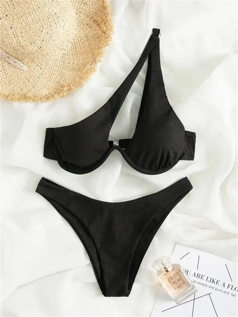 Sexy One Shoulder Bikini Set 2025 Women Red Black Push Up Underwire Micro Swimsuit Brazilian Cut Out Bathing Suit Thong Swimwear