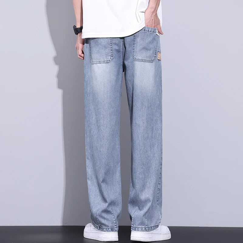 Elastic Waist Fashion Loose Jeans Men Spring Summer Thin Lyocell Classic Straight Denim Pants Casual Stretch Jogging Trousers