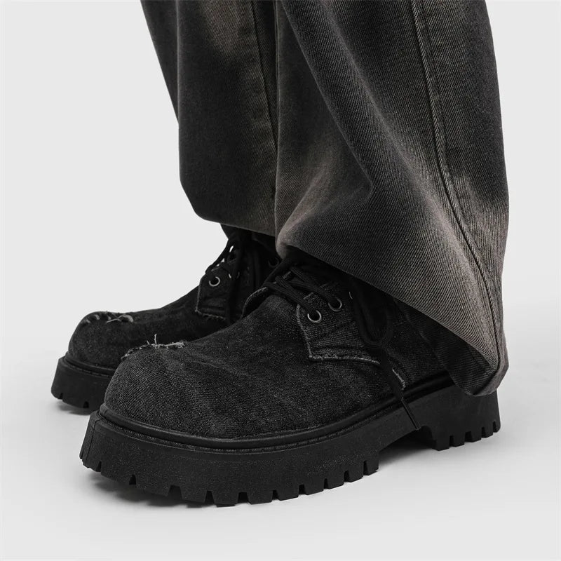 Men's Distressed Denim Derby Shoes Chunky Grunge Platform Boots Avant-Garde Bulky Toe Niche Streetwear Footwear for Trendy Youth