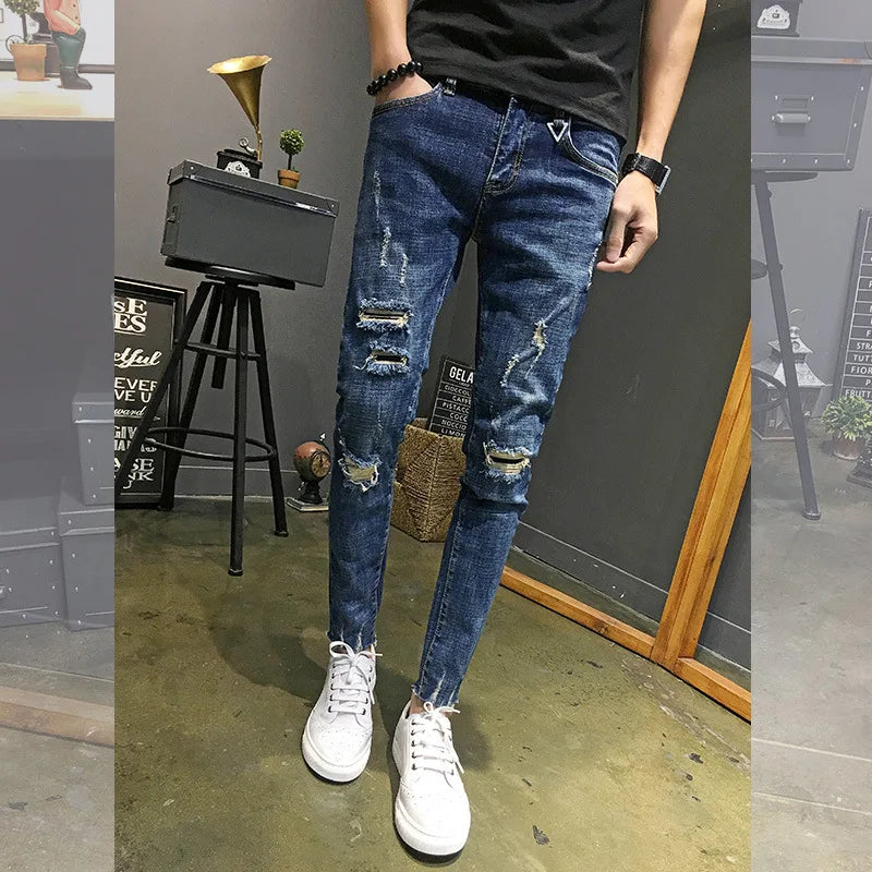 Wholesale 2022 Fashion Denim Pants Men\'s Boys Small Feet Ripped Holes Cropped Jeans Thin Men\'s Social Men Beggar Pencil Pants
