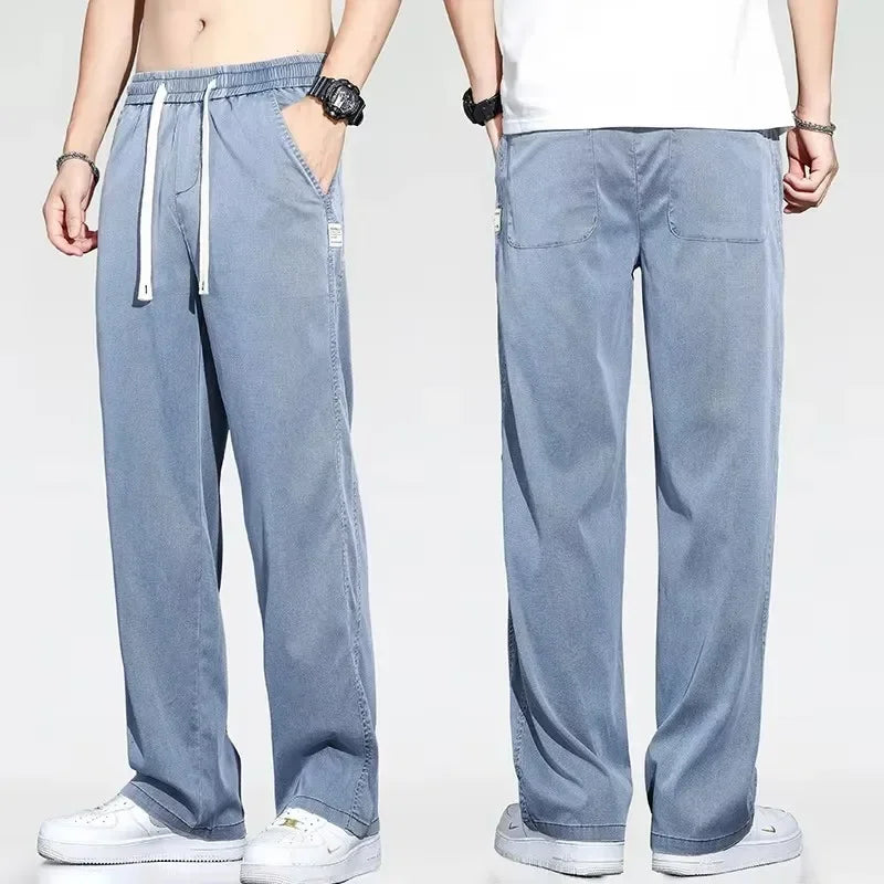 2025 New Summer Soft Lyocell Fabric Men's Jeans Thin Loose Straight Pants Drawstring Elastic Waist Korea Casual Trousers
