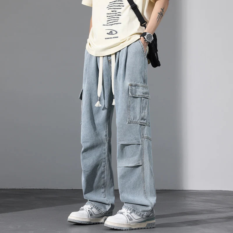 Large Pocket Baggy Jeans Men's 2025 New Spring Classic Straight Denim Trousers Street Y2K Elastic Waist Casual Cargo Pants