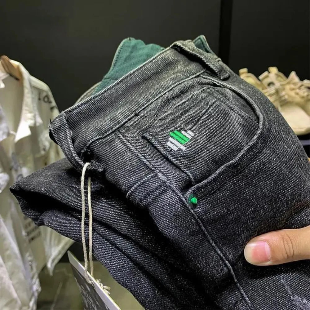 Korean Style Men's Slim Denim with Printed Foot Pattern Spring Autumn Wear Men Trousers Korean Luxury Clothing Streetwear Jeans
