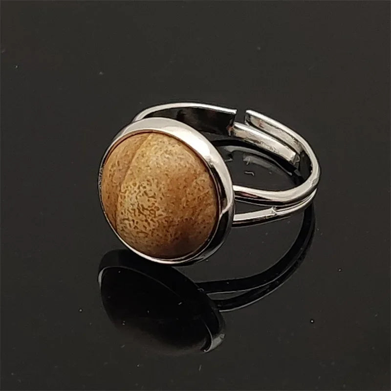 12mm Round Healing Natural Stone Ring Tiger Eye Opal Pink Crystal Adjustable Joint Ring for Women Jewelry