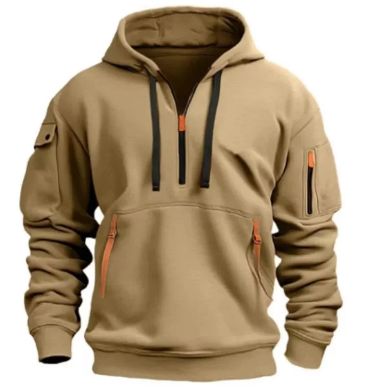 New autumn and winter high-value hoodie with warm and unique solid color pockets, men's hooded zipper sports casual top