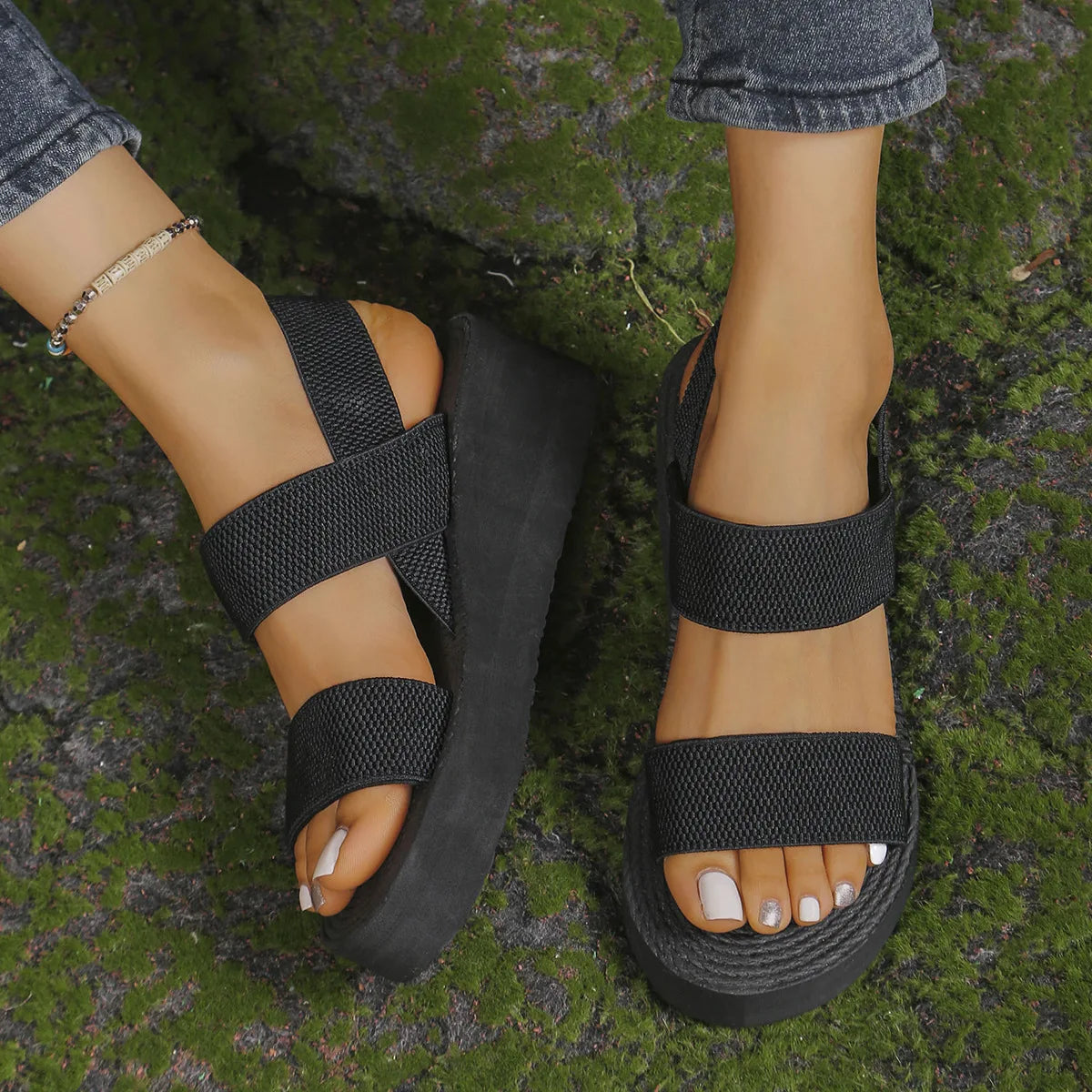 1pair Women's Minimalist Wedge Sandals Open Toe Thick Soled Platform Casual Sandals Ankle Strap Slingback Sandalias Solid Color