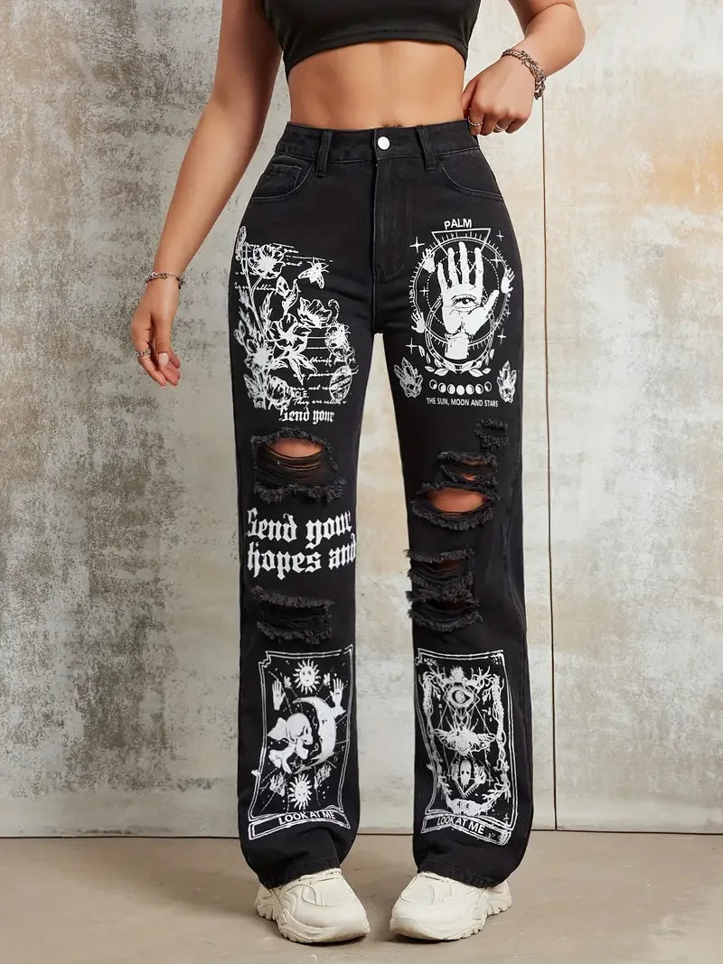 2025 New Style Women's Jeans Women's Spring And Autumn New Hot Selling Street INS Same Style Print Ripped Straight Jeans
