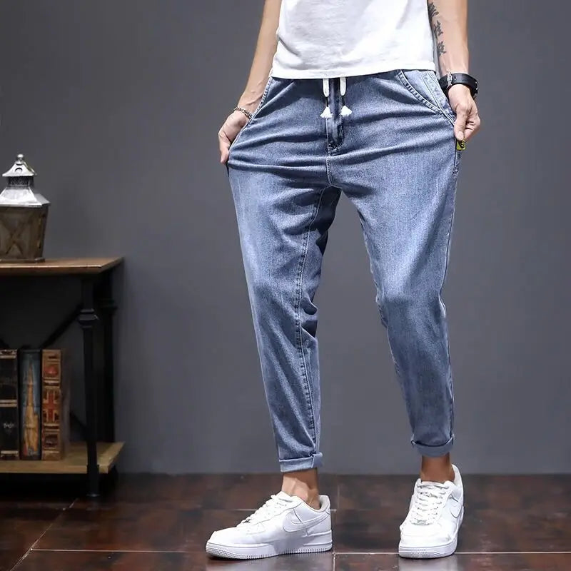 Elastic Lace Up Denim Jeans Men's Trend Versatile Pants 2022 Students Teenagers Men's Japanese Harem Leg 2022 Men's Cargo Pants