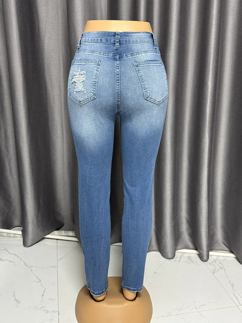 2025 New Fashionable Washed Ripped Nine-inch Jeans, Women's Spring and Summer Personality Street Mid-waisted Small-leg Jeans