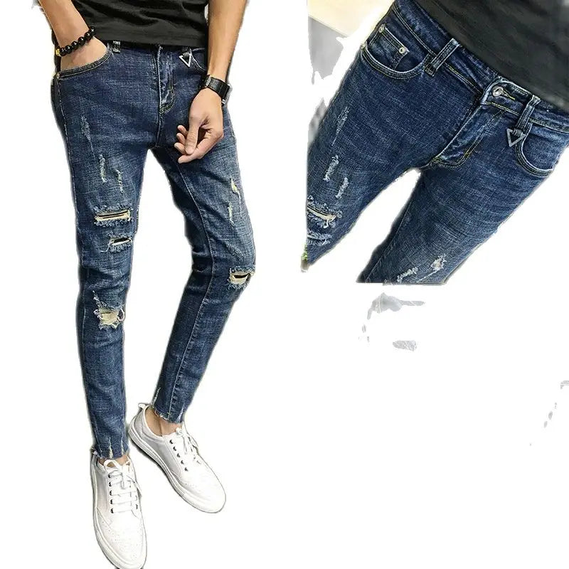 Wholesale 2022 Fashion Denim Pants Men\'s Boys Small Feet Ripped Holes Cropped Jeans Thin Men\'s Social Men Beggar Pencil Pants