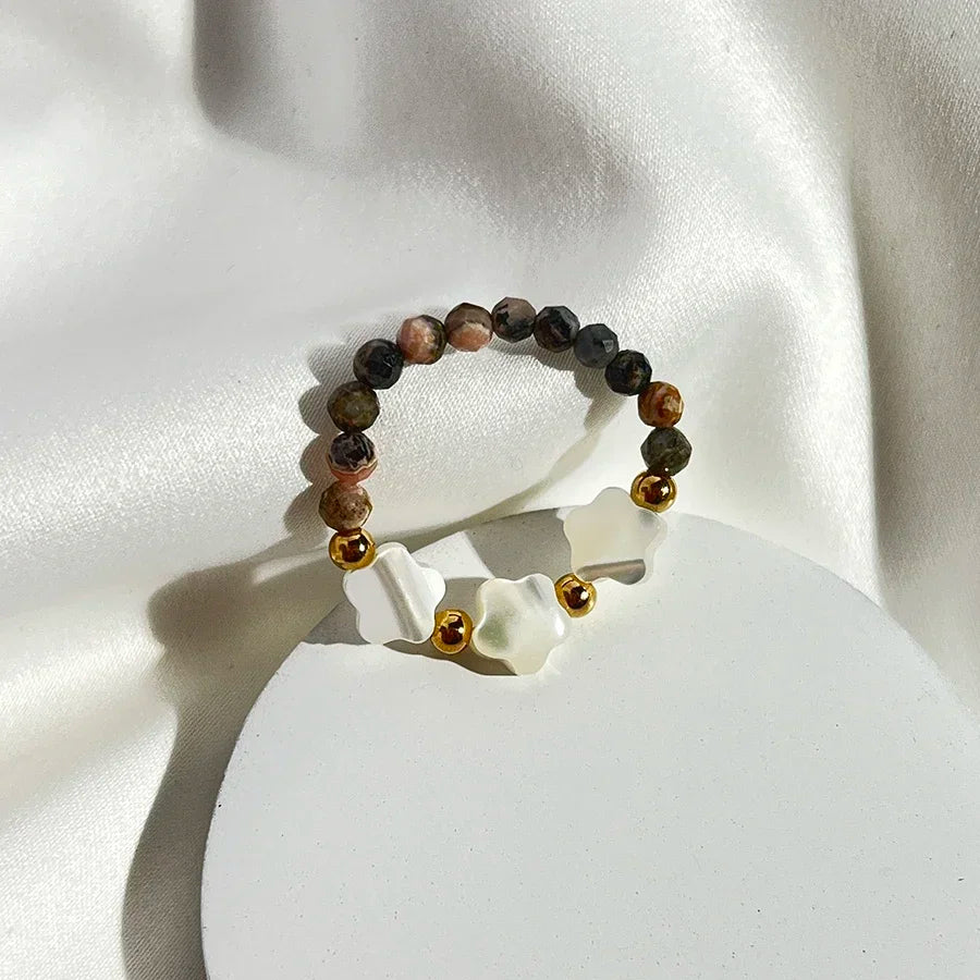 Handmade Facted 3mm Natural Stone Beaded Rings for Women Girls Fashion Jewelry Rhodochrosite Statement Ring Wedding Wholesale