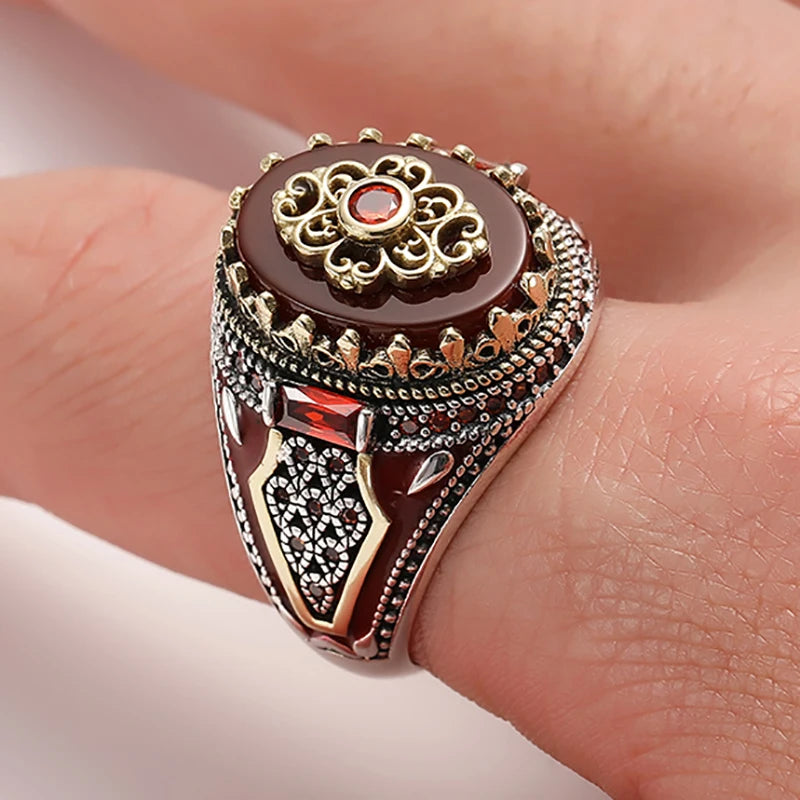 2025 Vintage Carved Pattern Red Zircon Stone Rings For Men Accessories Anniversary Party Gift Fashion Jewelry Handmade Men Rings