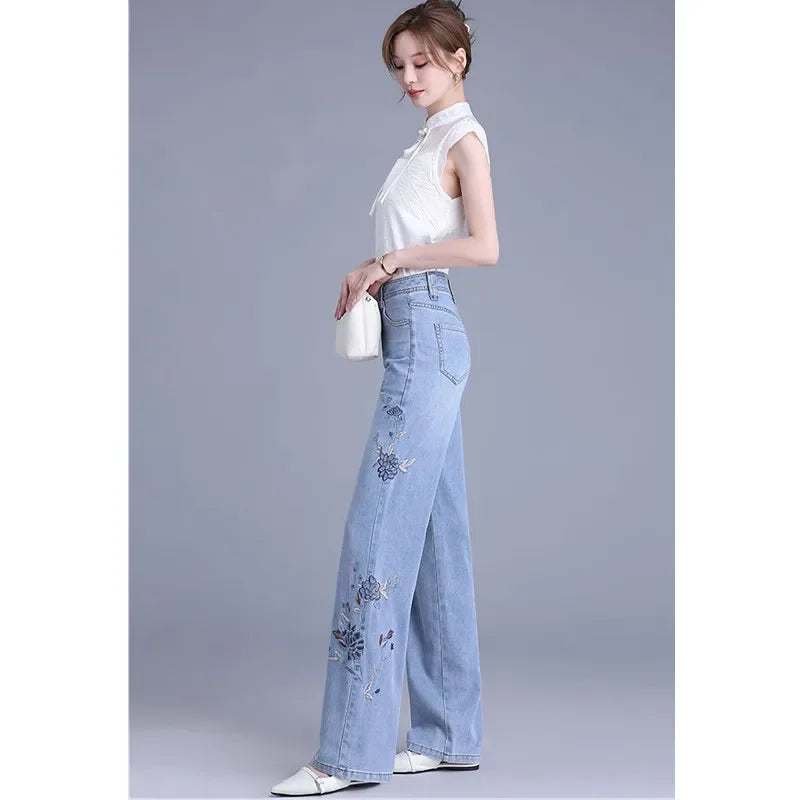 Light Blue Chinese Style Embroidery Wide Leg Jeans for Women with High Waist To Show Thin and Smooth, Soft Silk Material Jeans