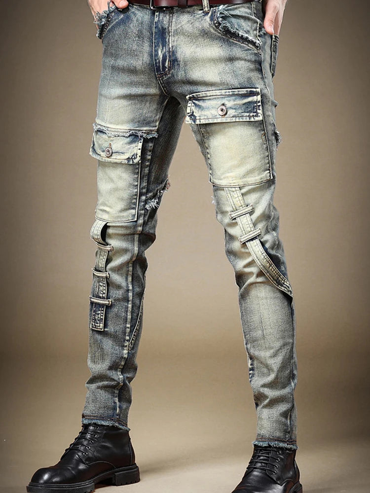 2024 Men's Jeans Stretch Vintage Washing Drak Blue Denim Pants Autumn Summer Luxury Street Hip-Hop Style Slim Fit Men Trousers