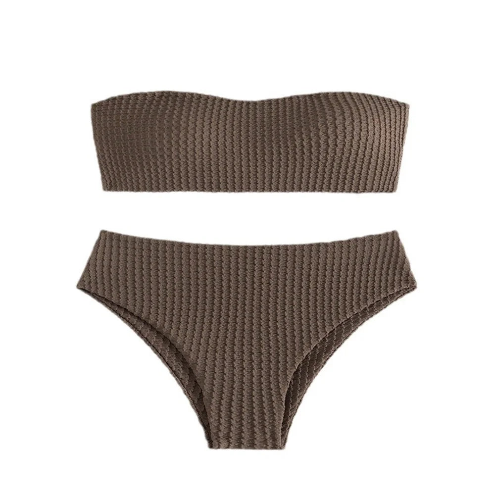 Sexy Bandeau Bikini Drawstring Backless Swimsuit Strapless Vacation Swimwears Women Trend Embossed Set Bathing Suit Beach Outfit