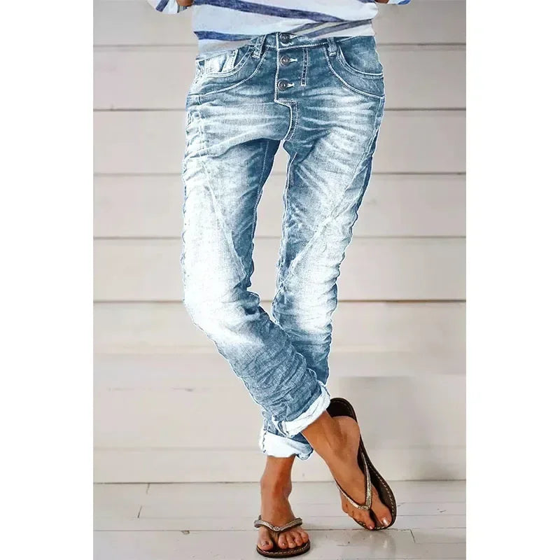 Jeans Denim Pants Capris 2025 Women Vintage Elastic Waist Long Flare Pants High Waist Slim Work Summer Blue Elegant Jeans Capris