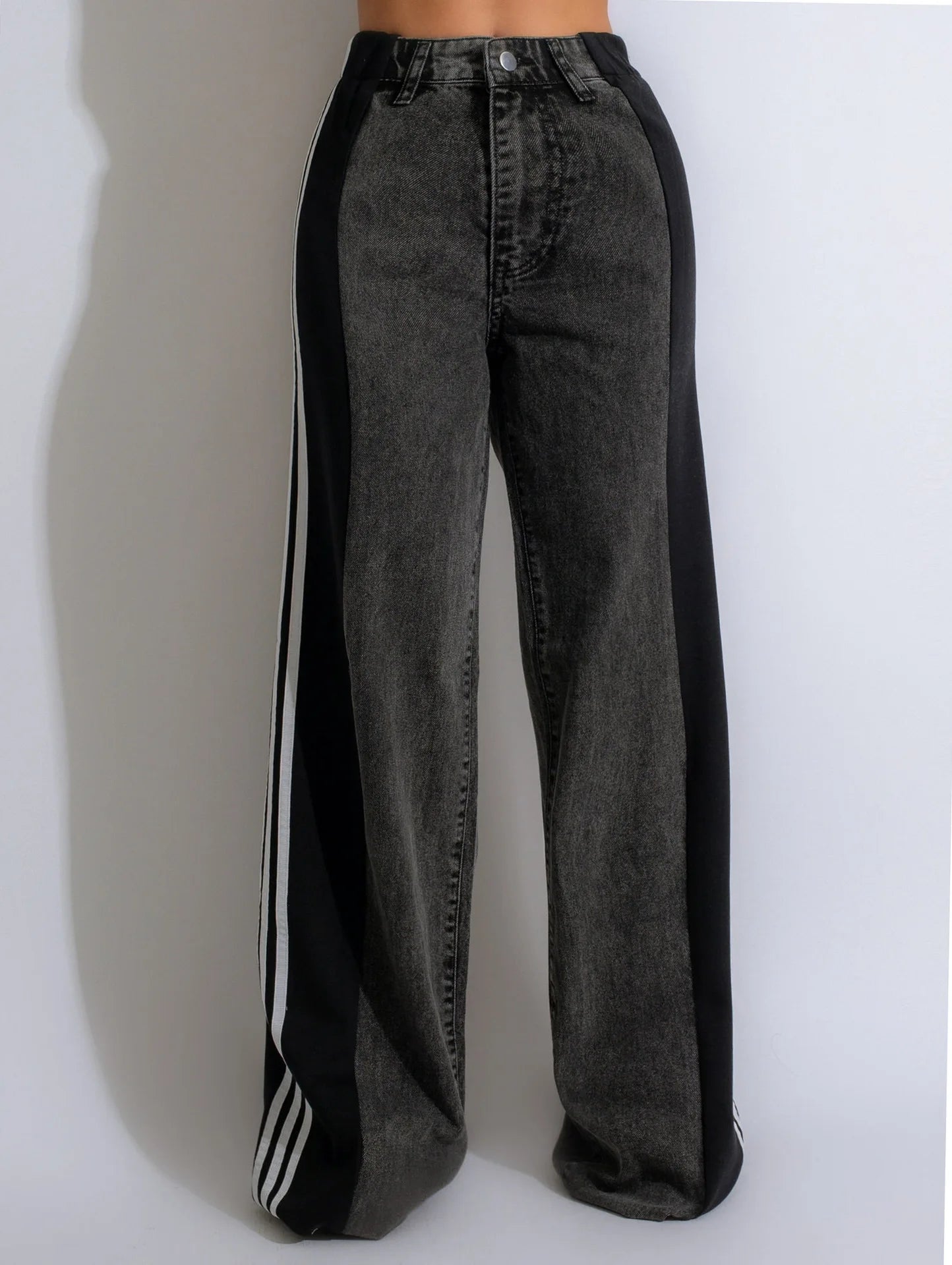 Sideseam Striped Wide Leg Jeans Women High Waist Stretch Denim Pants Patchwork Colorblock Straight Trouser