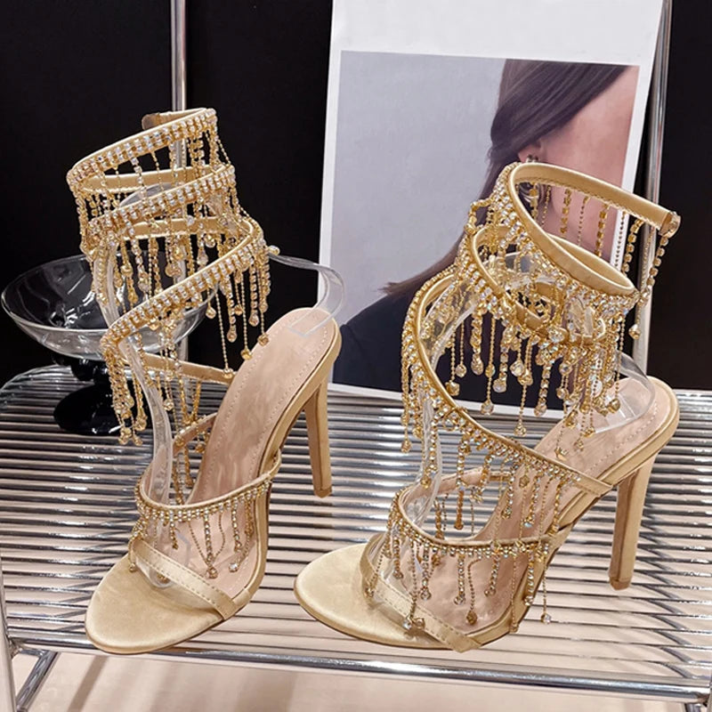 Liyke Elegant Women Wedding Banquet Shoes Fashion Crystal Tassel Twining Stiletto Sandals Sexy Open Toe Stripper Heels Golden